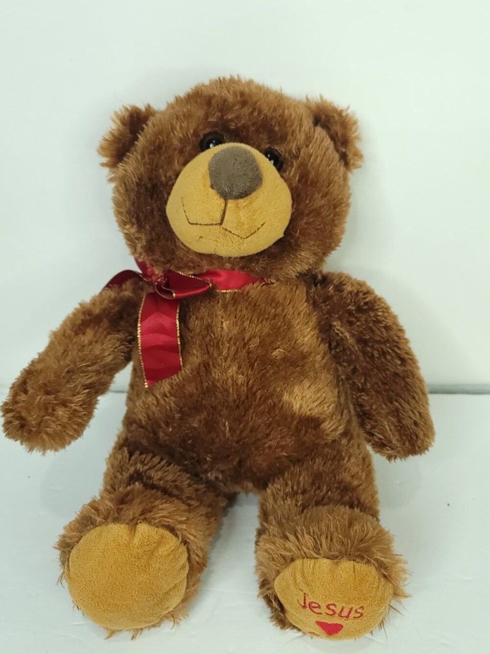 Jesus Loves You  Brown Teddy Bear Plush Stuffed Animal Red Gold Bow Tie 15"